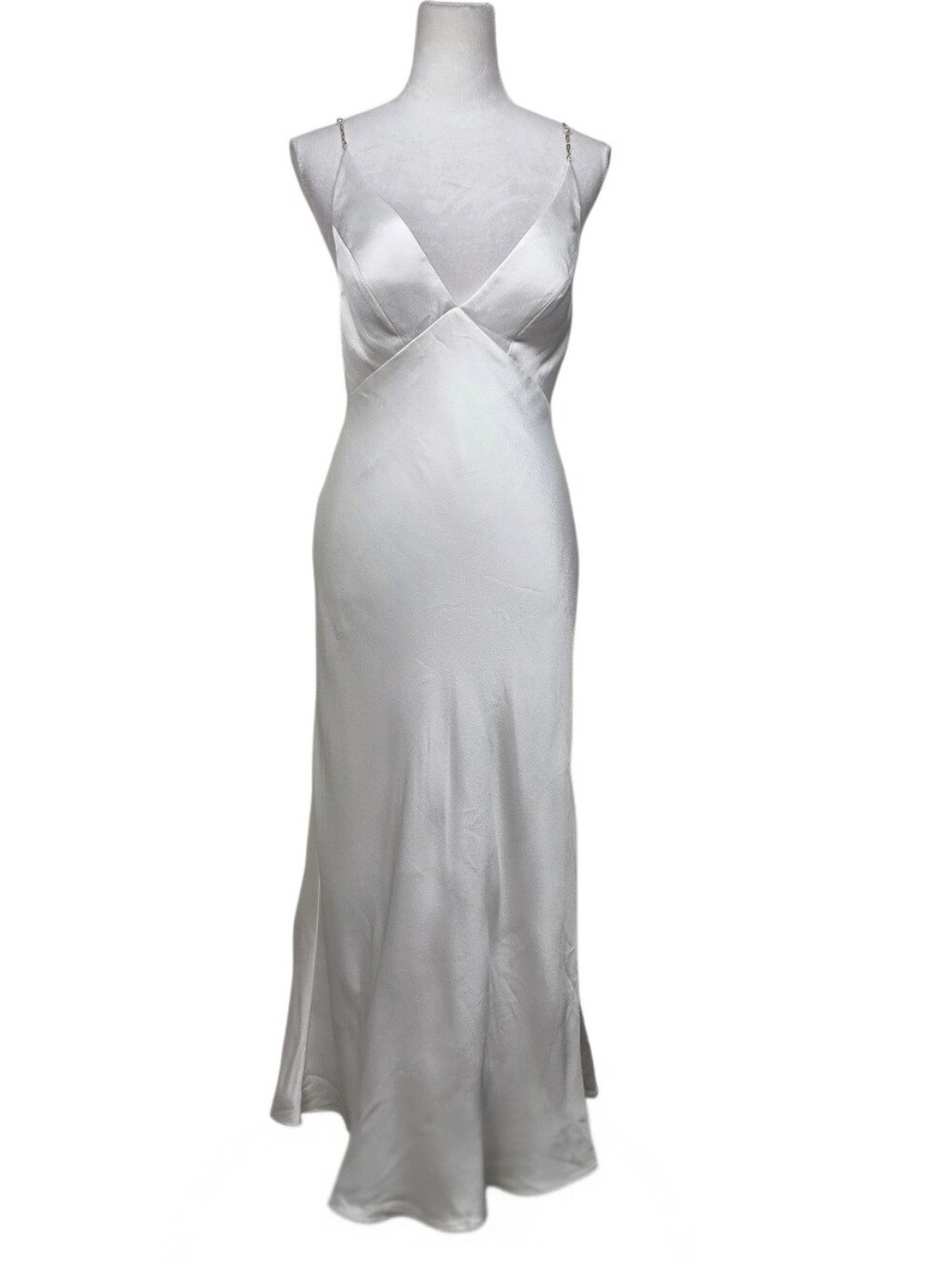Jenny Yoo White Satin Slip Midi Dress wGoldtone Delicate Chain Hardware Sz 4